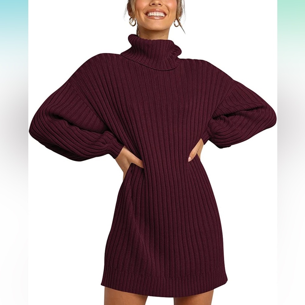 Women Turtleneck Long Lantern Sleeve Casual Loose Oversized Sweater Dress